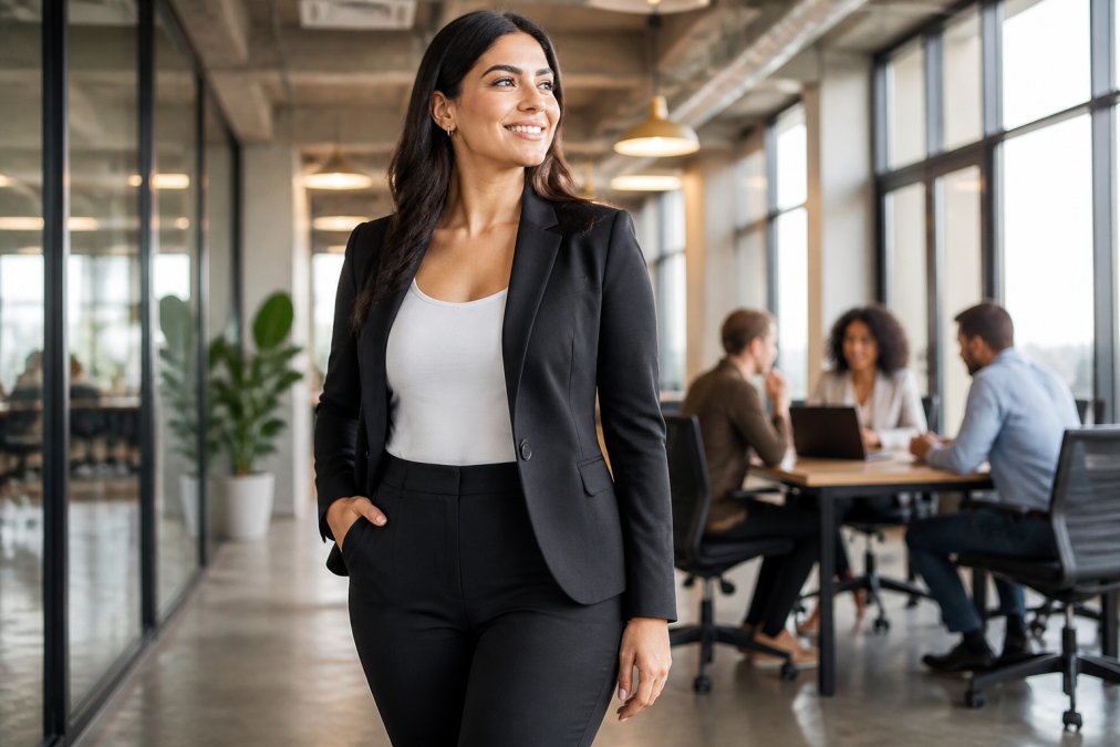 Woman wearing form-fitting work attire with smooth, polished silhouette demonstrating how soft sculpt compression creates seamless lines under professional clothing