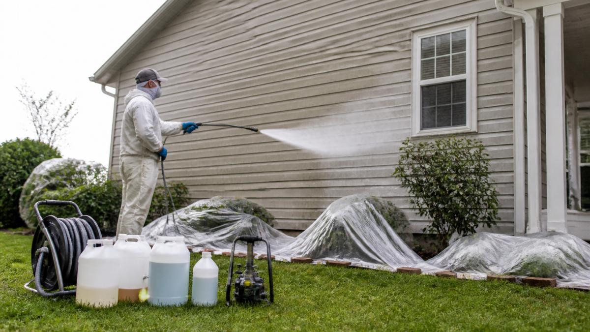A technician in protective gear applying a low-pressure soft wash spray to the exterior wall of a suburban house, with garden plants covered nearby