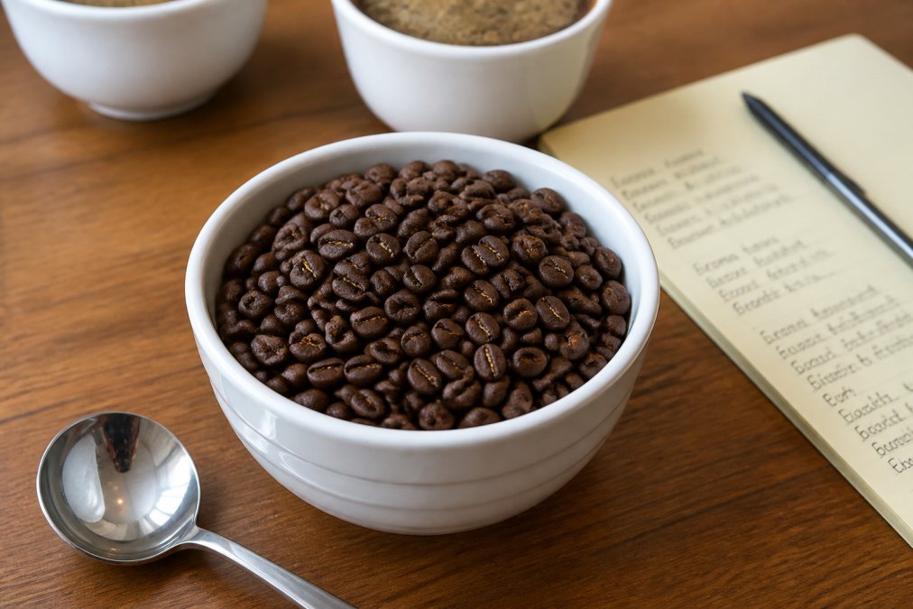 Close-up of specialty grade coffee beans in a white cupping bowl showing uniform color and bean density, with a cupping spoon and handwritten tasting notes on cream-colored paper nearby, natural daylight