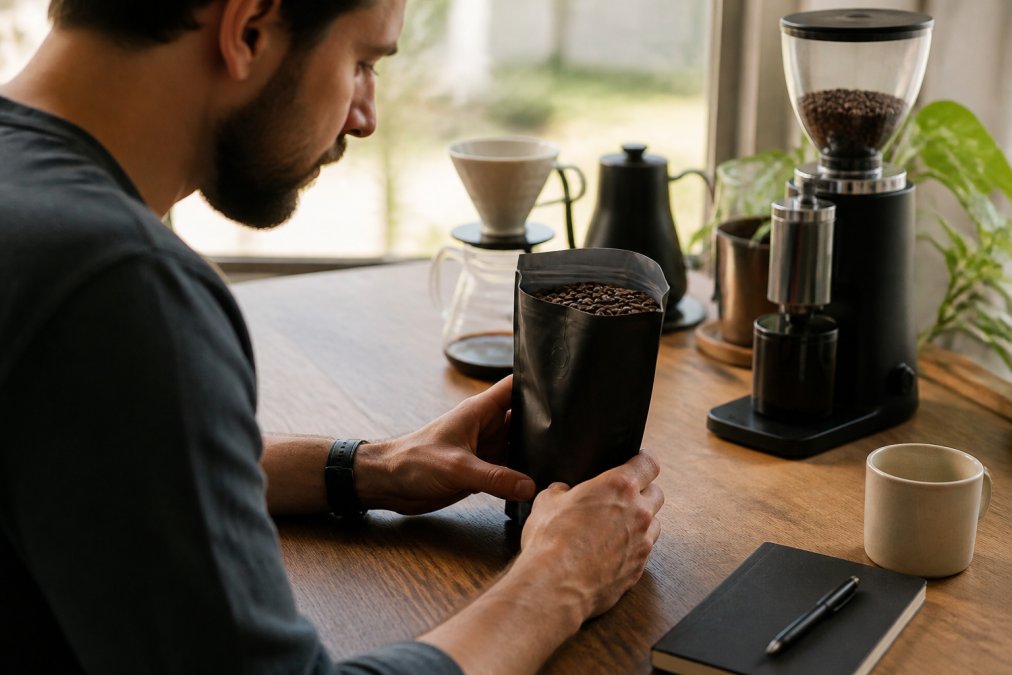 Person at a home desk with natural light, examining a freshly opened bag of specialty coffee beans, reading the label for origin, roast date, altitude, and tasting notes, with a coffee grinder and brewing equipment visible in the background