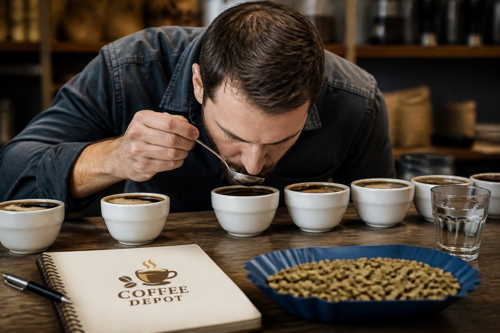 A Q-Grader cupping coffee, slurping from a spoon over a row of white cups on a wooden table, with a notebook and green coffee beans nearby