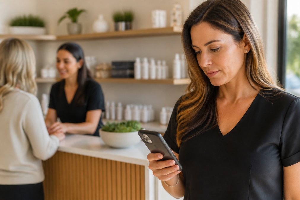 A sales manager at a med spa reviewing a smartphone notification while a receptionist greets a client in the background, warm natural light, candid moment