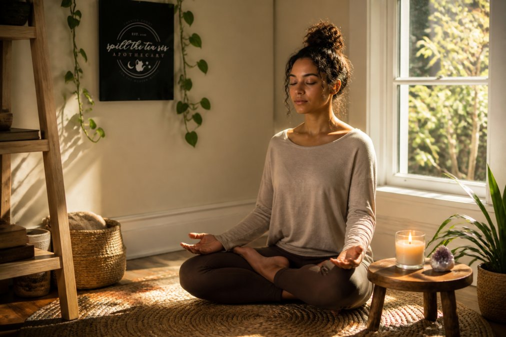 Infographic illustrating the stages of spiritual growth through a woman meditating in a sunlit home space.