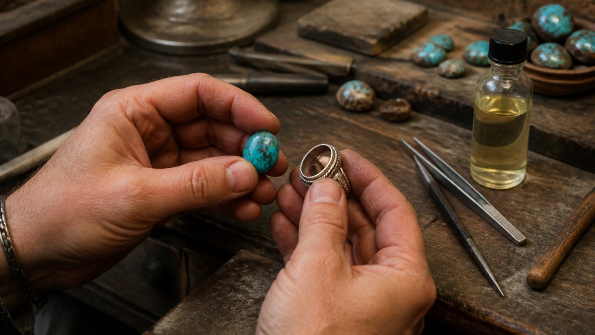 Close-up of a jewelry maker's hands holding a polished turquoise cabochon next to a silver ring setting on a workbench, with small hand tools and a bottle of stabilizing resin nearby under warm workshop lighting