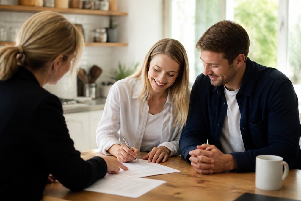 A couple sitting at a kitchen table with a solicitor, reviewing property paperwork and signing documents, natural daylight through a window