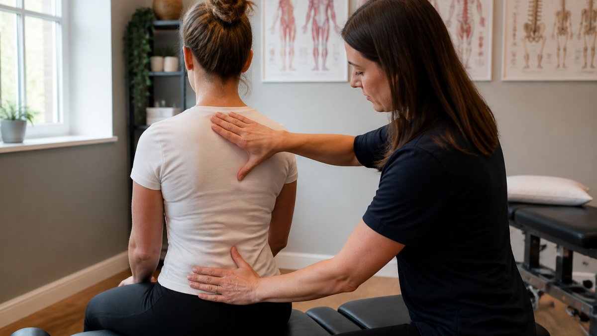 Professional chiropractor examining patient's spine and posture in modern clinical treatment room with examination table and anatomical charts visible on walls
