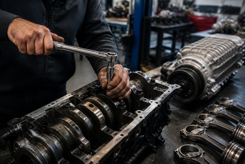 Close-up of a mechanic's hands using a torque wrench on internal engine components, with a disassembled supercharger and connecting rods visible on a workbench under bright shop lighting