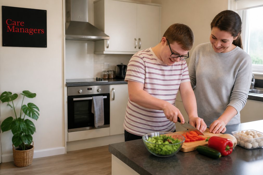 A young adult and support worker cooking a meal together in a modern supported living flat kitchen