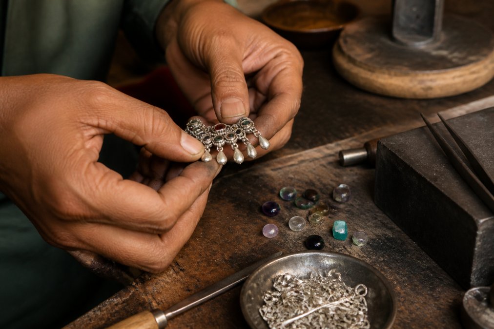 Close-up of a jeweller's hands holding a piece of recycled silver jewellery, with small gemstones and tools on a workbench in a warmly lit artisan studio
