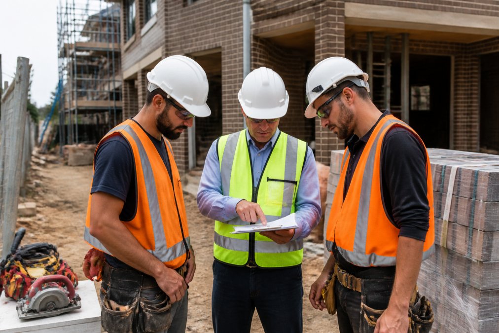 Site supervisor and construction workers reviewing a Safe Work Method Statement on a residential building site