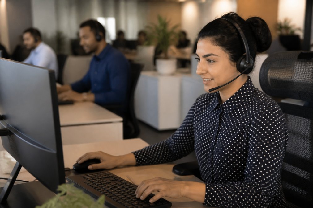 Technical support specialist sitting at desk with dual monitors, wearing headset while assisting customer, modern office environment with good lighting