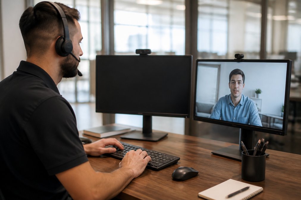 Support technician troubleshooting computer issue with hands on keyboard, customer visible via video call on second monitor, professional office setting