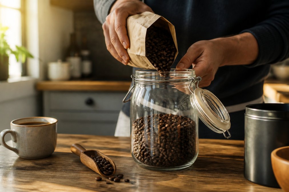 Hands transferring fresh coffee beans into an airtight glass jar to maintain flavor for the 15-15-15 rule for coffee.