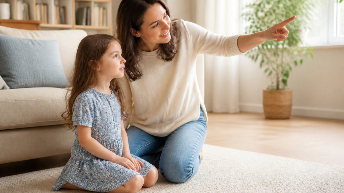 A parent kneeling beside a young child in a cozy living room, gently guiding the child to look around and name things they can see, warm natural light, calm and supportive atmosphere