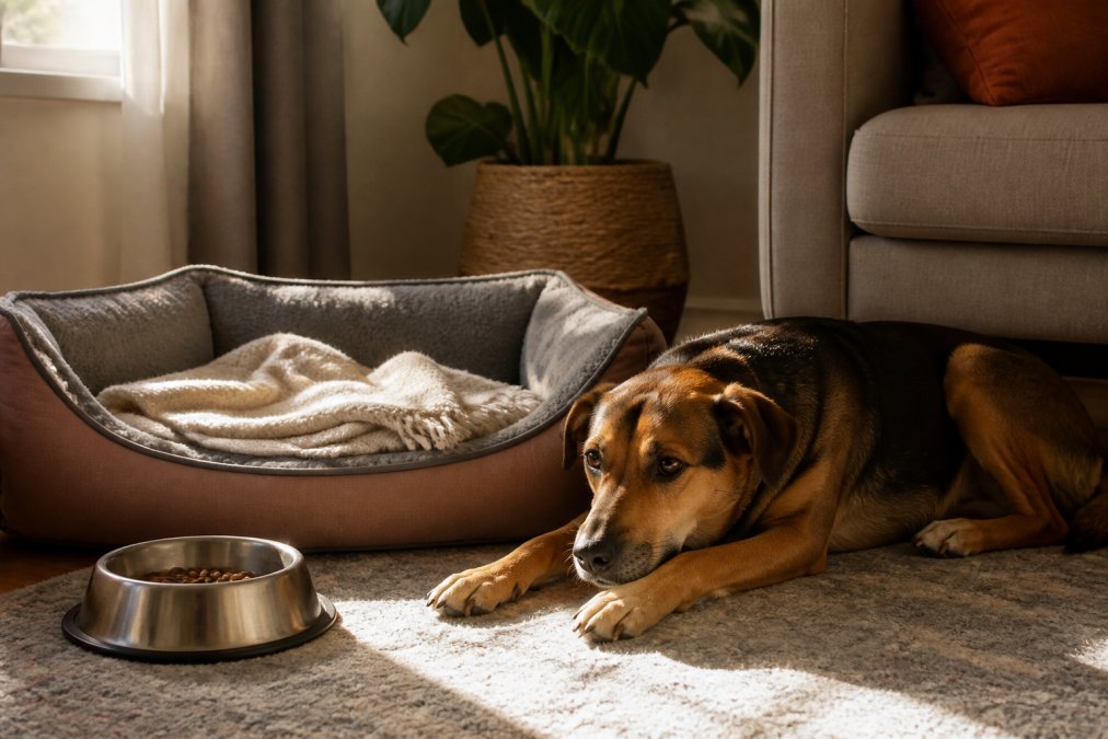 A calm rescue dog resting in a cozy corner as part of the 3-3-3 rule for settling into a safe new home.