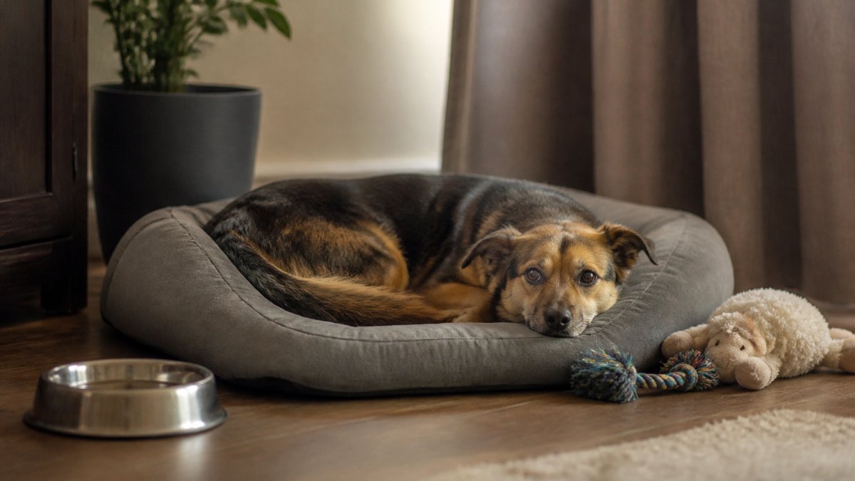 A newly adopted dog resting quietly on a soft bed in a corner of a living room, with a water bowl nearby and a calm, dimly lit atmosphere