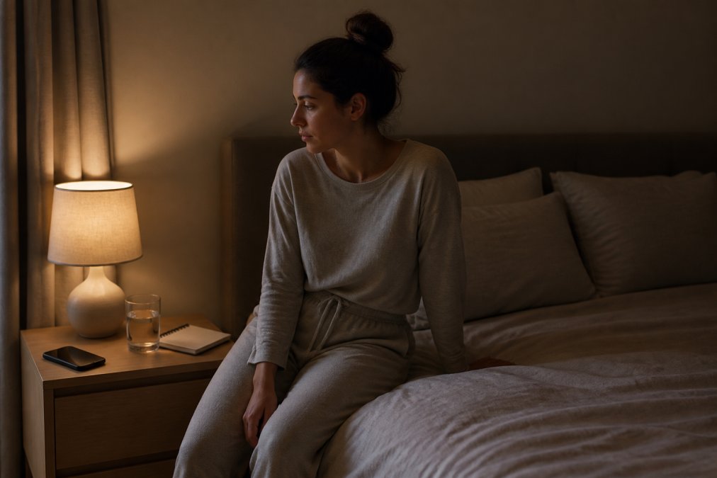 A person in comfortable loungewear sitting on the edge of a bed in dim warm lamp light, a glass of water and a small notebook on the bedside table, curtains drawn, phone placed face down away from the bed