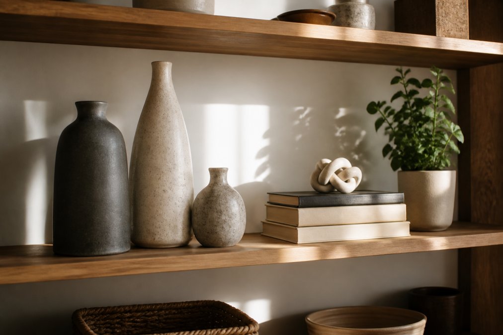 A styled living room shelf with three ceramic vases of varying heights, a stack of books, and a small decorative object arranged in a balanced composition on a wooden shelf, soft afternoon light