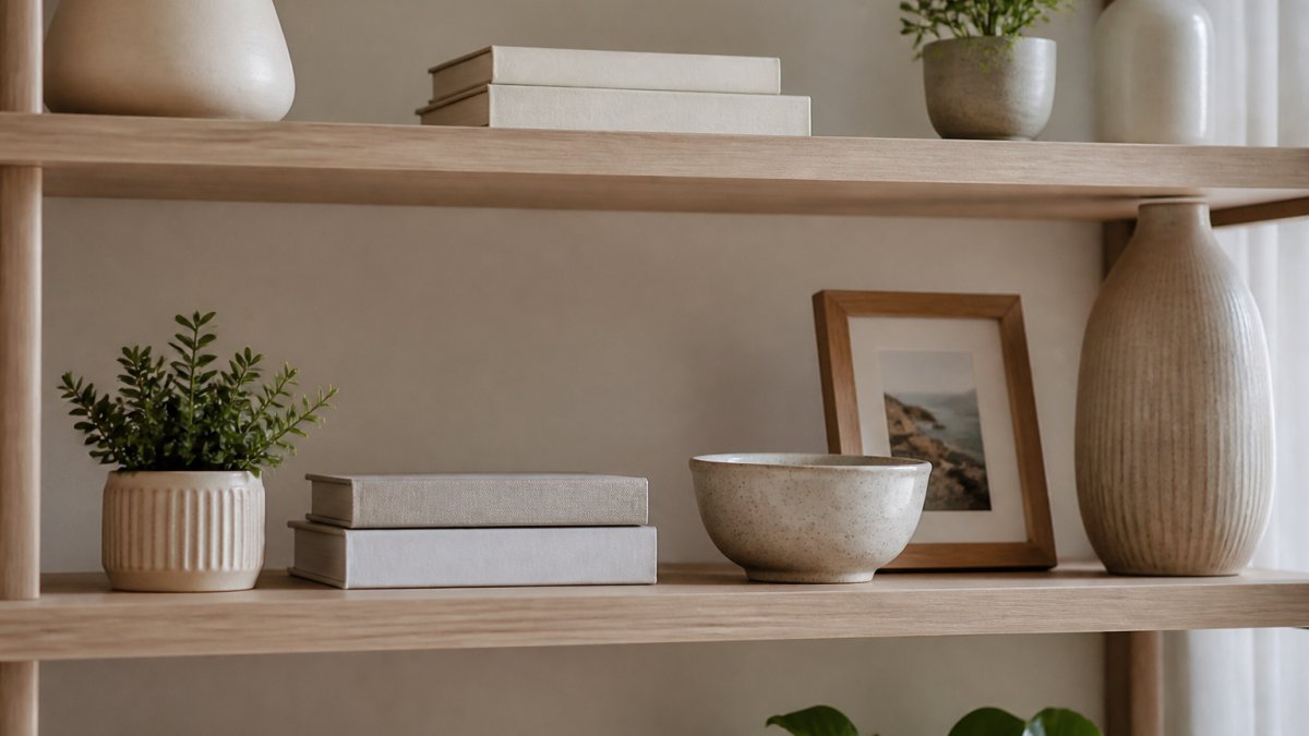 A styled open shelf in a bright living room showing five decorative objects at varied heights: a small potted plant, a stack of two books, a ceramic bowl, a framed photo, and a tall vase, arranged in a balanced group