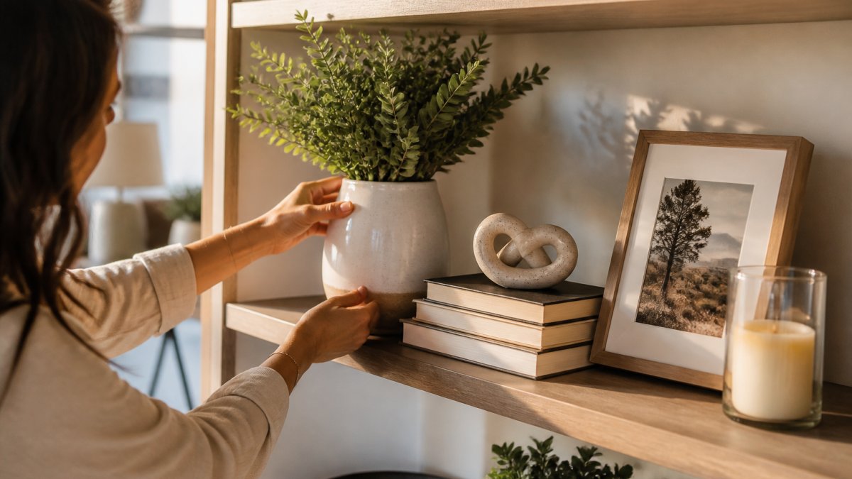 Five decorative objects including a vase, books, and a candle arranged on a living room shelf