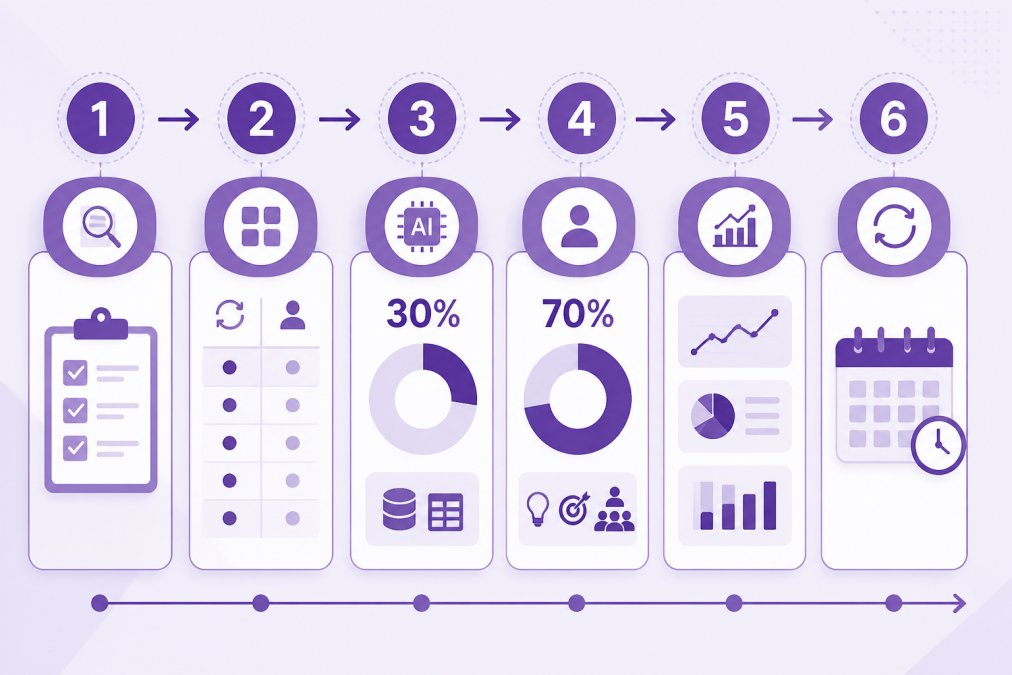 Flowchart showing implementation steps: Audit all tasks &rarr; Categorize by repetition level and human judgment requirement &rarr; Assign 30% to AI (repetitive, data-heavy tasks) &rarr; Assign 70% to human (strategic, creative, relationship tasks) &rarr; Set monitoring metrics &rarr; Adjust allocation quarterly