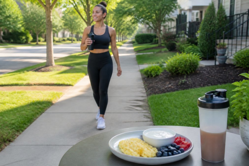 Infographic showing the 30/30/30 rule process: morning exercise followed by a high-protein meal of eggs and yogurt.