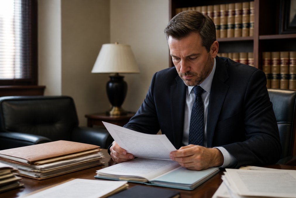 Criminal defense attorney in professional business attire reviewing case documents and legal files at a wooden desk in a law office, with law books and case folders visible in background, natural office lighting