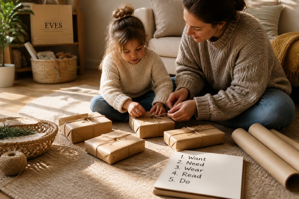 A parent and child sitting on a living room floor wrapping five small gifts in kraft paper, a handwritten list of five categories on a notepad beside them, warm afternoon light through the window