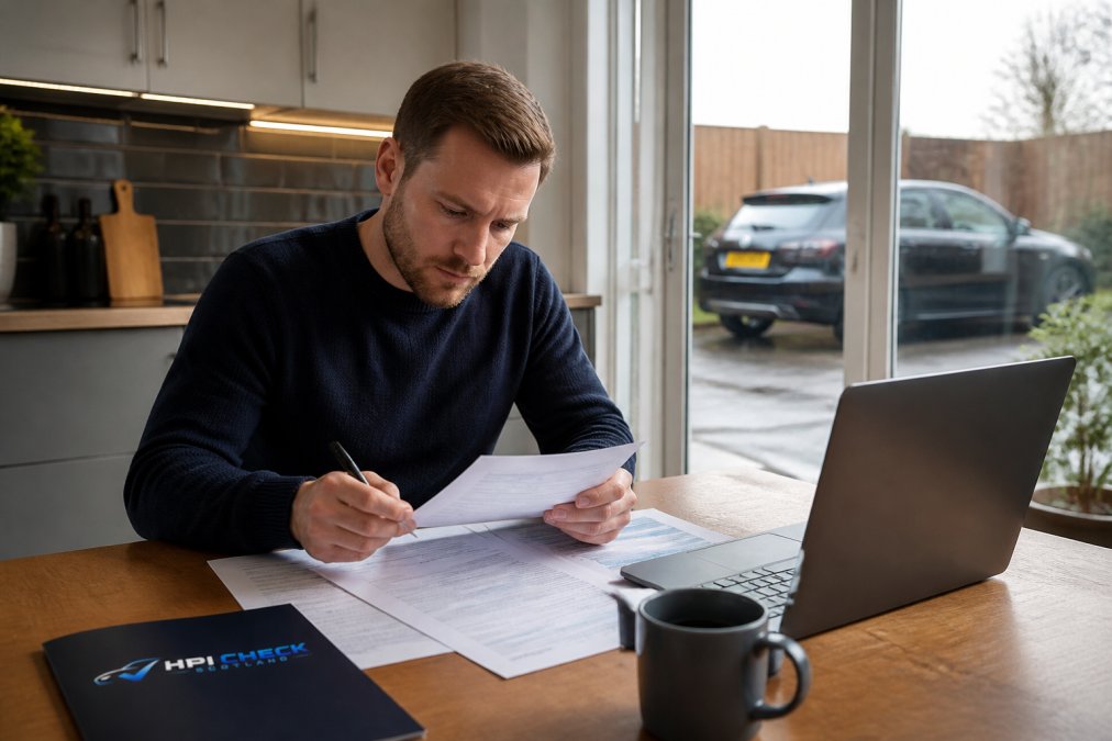 A person sitting at a kitchen table reviewing car finance documents with a pen in hand, a laptop open nearby showing a lender's online account portal in natural daylight