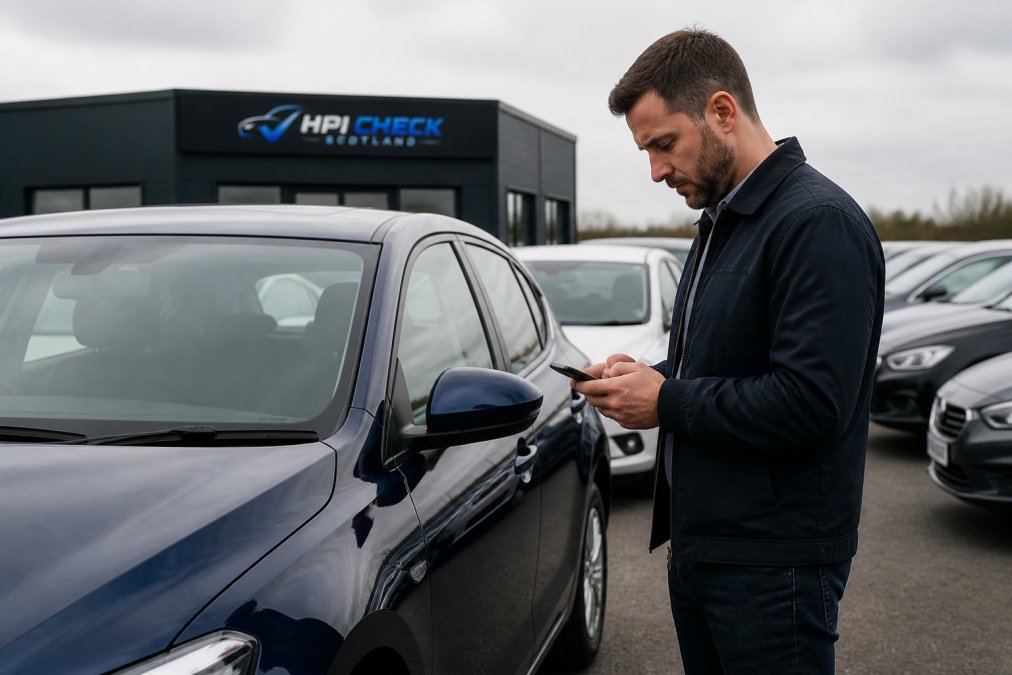A person standing beside a used car on a forecourt, looking at their smartphone while inspecting the vehicle, with other vehicles visible in the background under overcast daylight