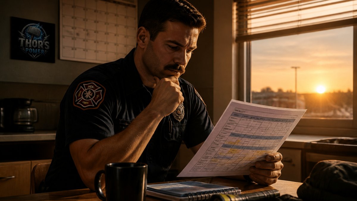 A first responder in uniform reviewing a printed shift roster at a station kitchen table at dawn, coffee mug and wall calendar visible, warm early-morning light through the window