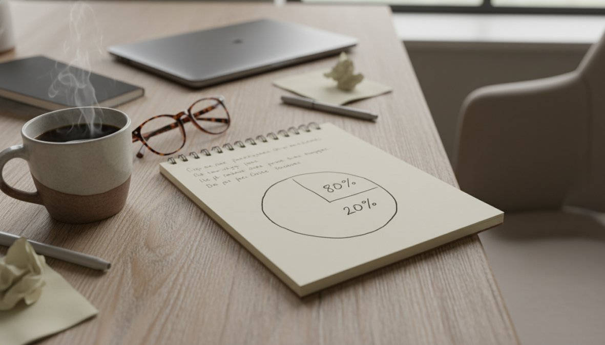 A focused entrepreneur sitting at a clean desk reviewing SEO analytics on a laptop, with a notepad and coffee nearby, in a bright modern home office