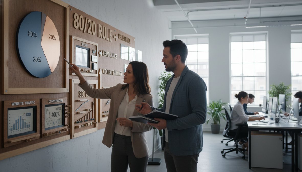 A small team of two marketers discussing performance metrics on a large monitor showing website traffic dashboards in a modern open-plan office