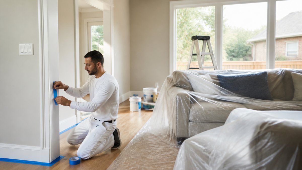 Professional painter preparing a room to explain what is the average cost of interior painting in Barrington