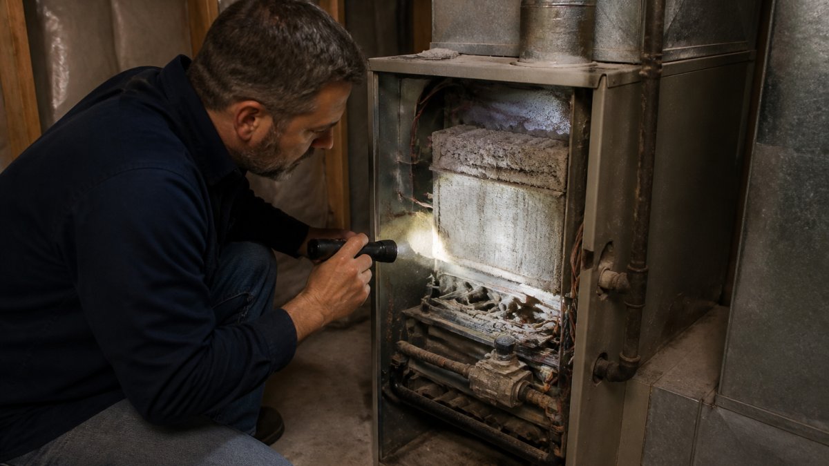 A homeowner crouching in a dim basement, shining a flashlight on an older gas furnace's heat exchanger and burner area, dust visible on the cabinet