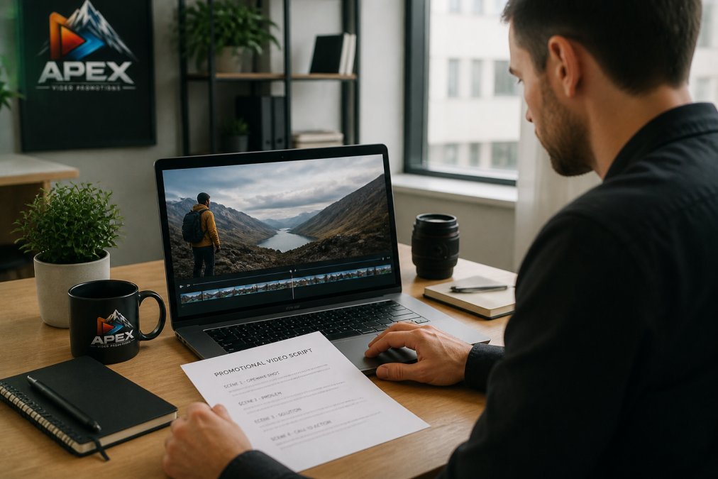 A marketing professional at a desk reviewing an AI generated promotional video on a laptop screen, with a printed script and coffee nearby in a bright office