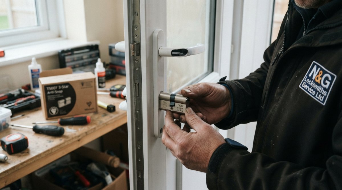Close-up of a locksmith's hands holding a new anti-snap euro cylinder next to an open uPVC door, with a Kitemark-stamped lock box on a workbench in the background