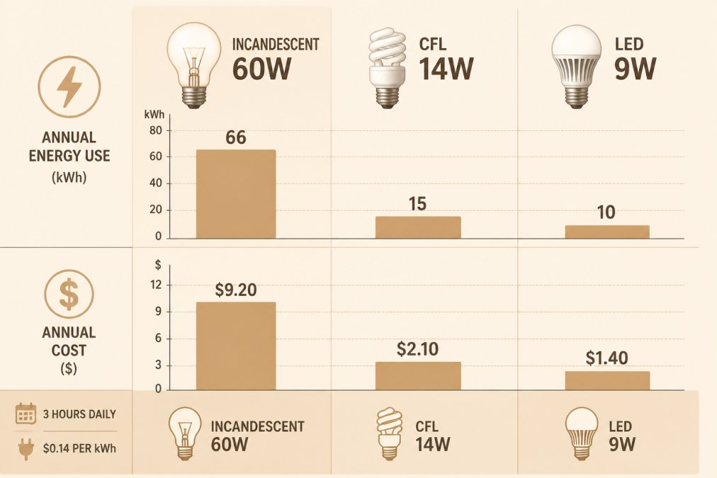 Bar chart comparing annual energy use and cost for incandescent 60W at 66 kWh and $9.20, CFL 14W at 15 kWh and $2.10, and LED 9W at 10 kWh and $1.40, based on 3 hours daily use at $0.14 per kWh