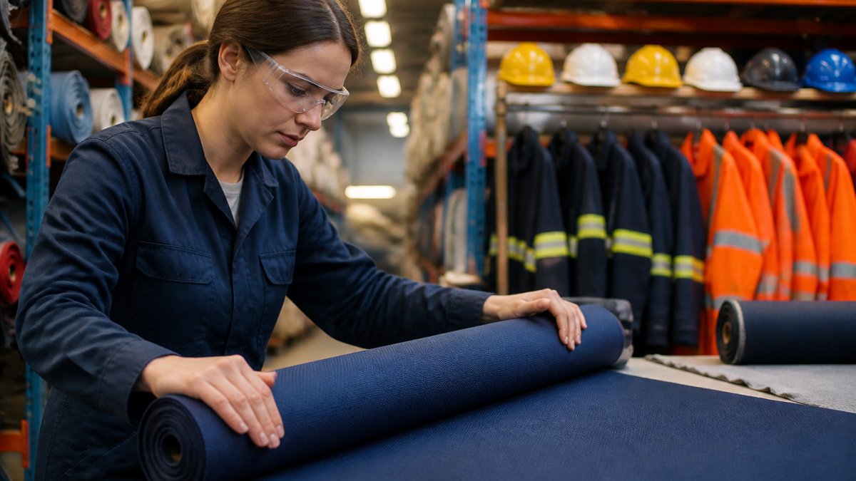 Close-up of a textile worker's hands inspecting a roll of flame-resistant fabric in a well-lit warehouse, with protective gear visible in the background