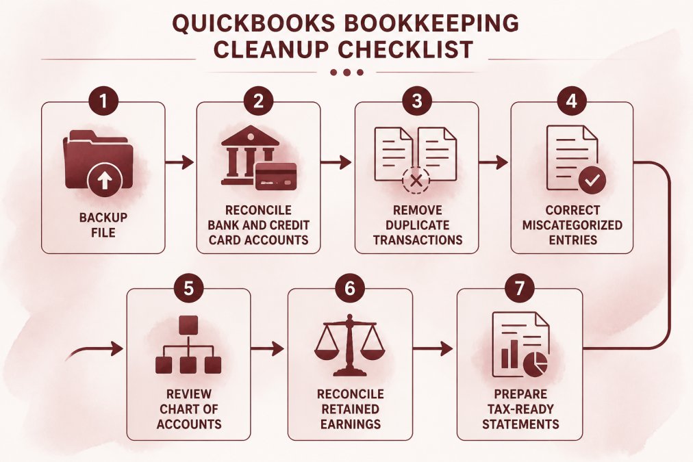 Watercolor flowchart of the cleanup sequence: backup file, reconcile bank and credit card accounts, remove duplicate transactions, correct miscategorized entries, review chart of accounts, reconcile retained earnings, prepare tax-ready statements