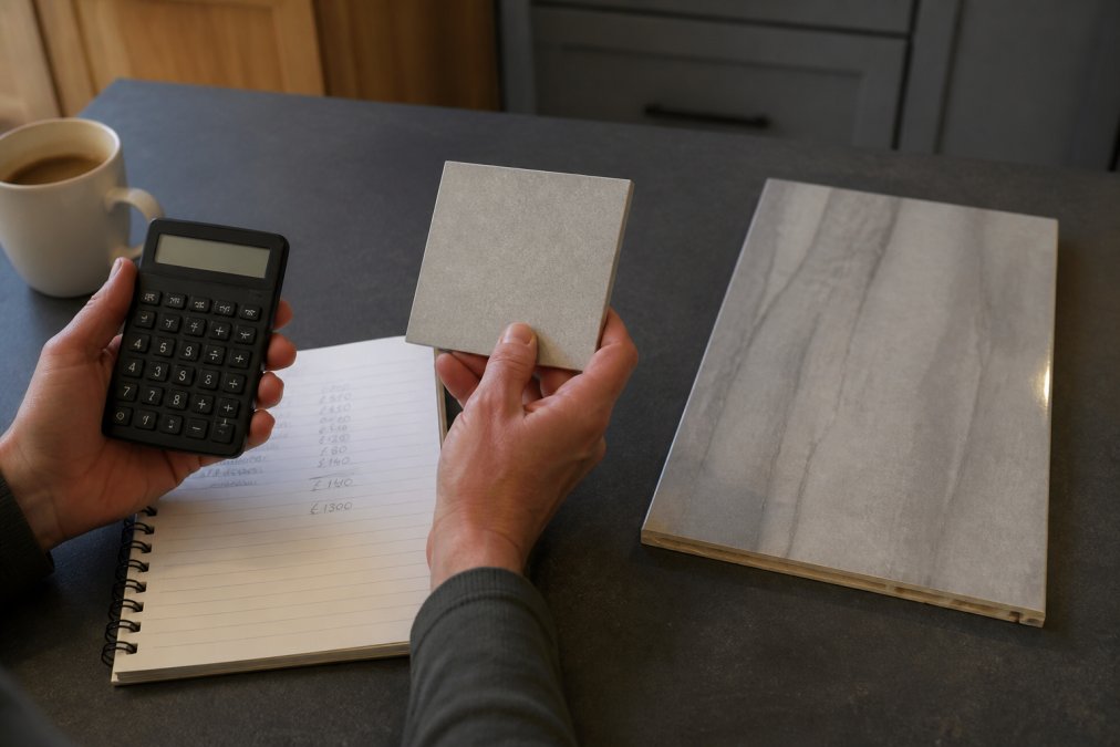 Comparison of budget figures for wetwall panels versus tiles on a kitchen table