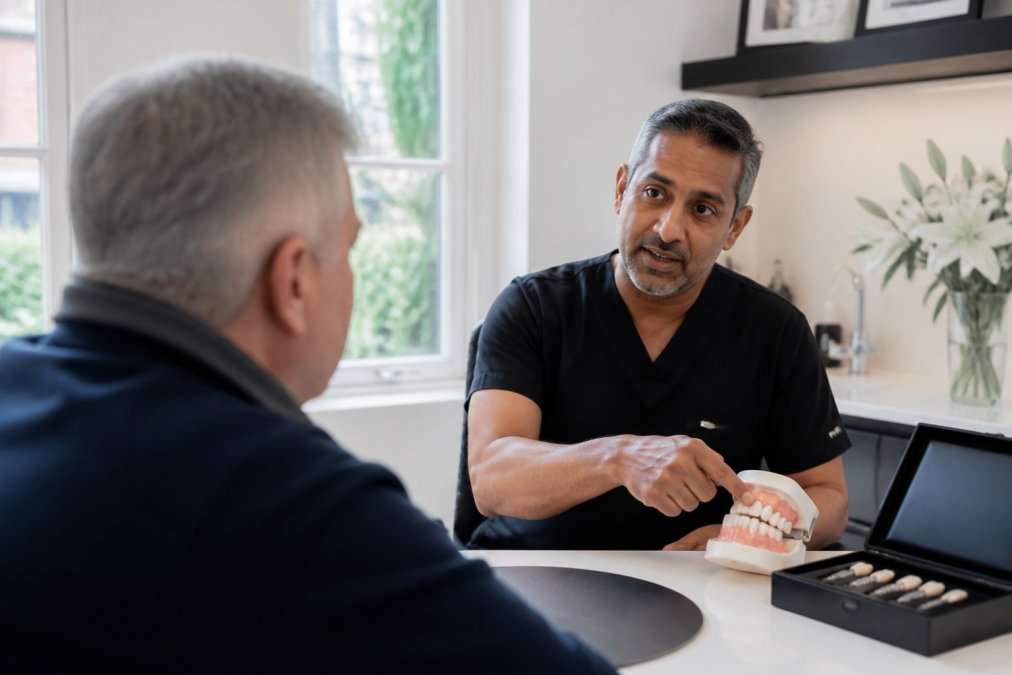 A dentist in a calm, modern consultation room explaining treatment options to a middle-aged patient, pointing to a dental model on the desk under soft natural light