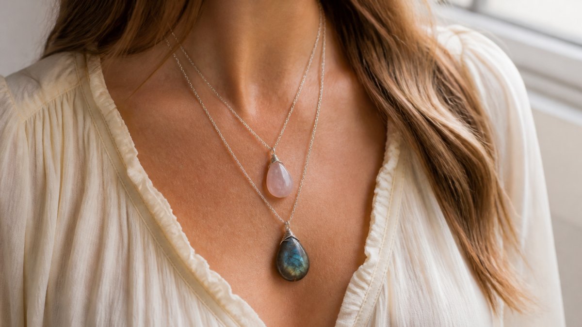 Woman wearing a layered labradorite and rose quartz pendant necklace with a cream blouse