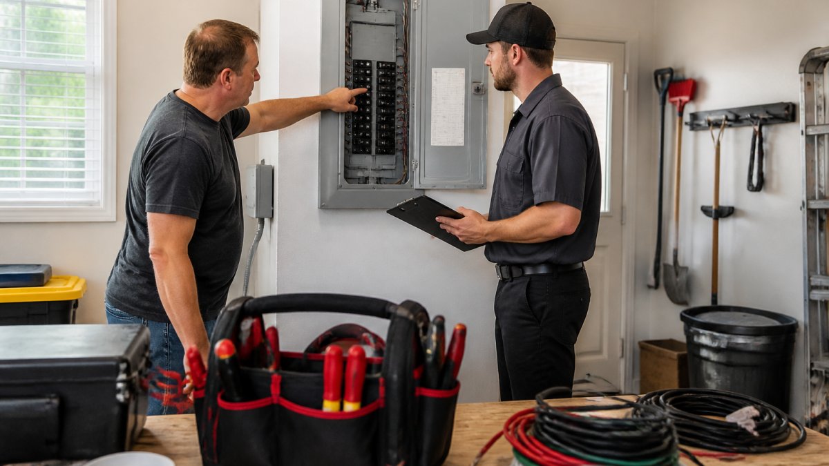 A licensed electrician in work uniform reviewing a home's electrical panel with a clipboard, while a homeowner points to the main breaker in a residential garage
