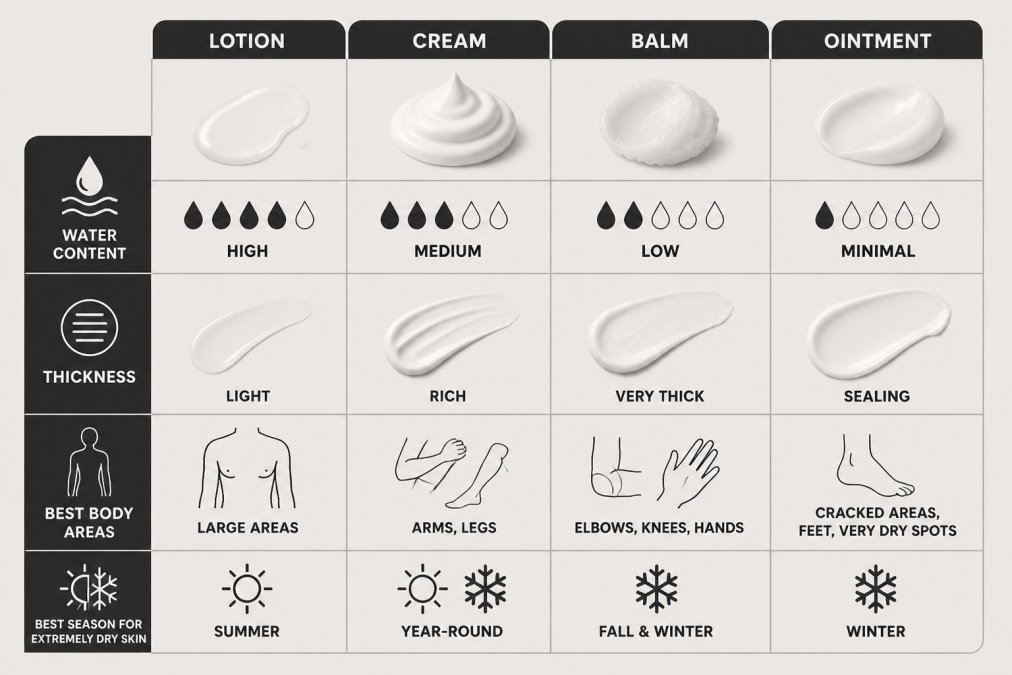 Comparison chart detailing water content, thickness, and seasonal use for lotions, creams, balms, and ointments.