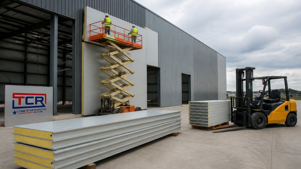 Crew installing large insulated metal wall panels on a warehouse exterior using a scissor lift, with stacked panels and a forklift visible on the loading apron