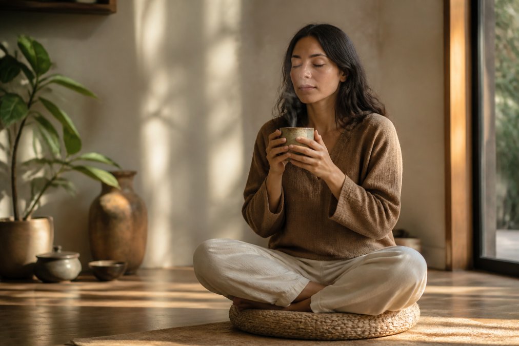Person sitting cross-legged in a sunlit room, mindfully holding a warm cup of the best coffee for meditation.