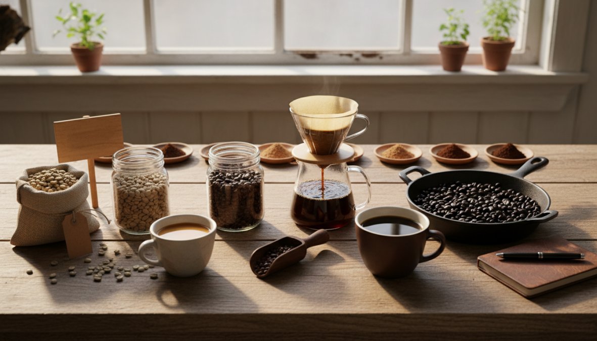 Flat lay of three small white ceramic bowls containing whole coffee beans at different roast levels, light tan, medium brown, and dark espresso brown, arranged side by side on a wooden surface with warm natural window lighting