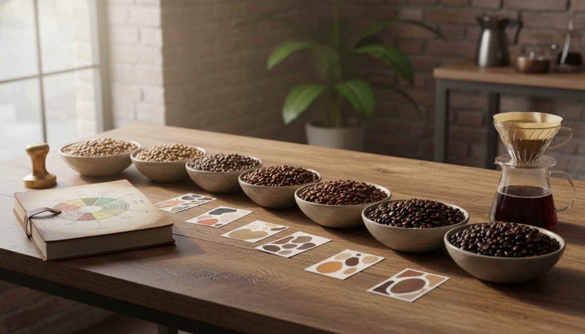 Close-up of a glass French press filled with dark brewing coffee on a rustic kitchen counter, with a bag of whole bean coffee and a small digital coffee scale visible in the background, warm morning light