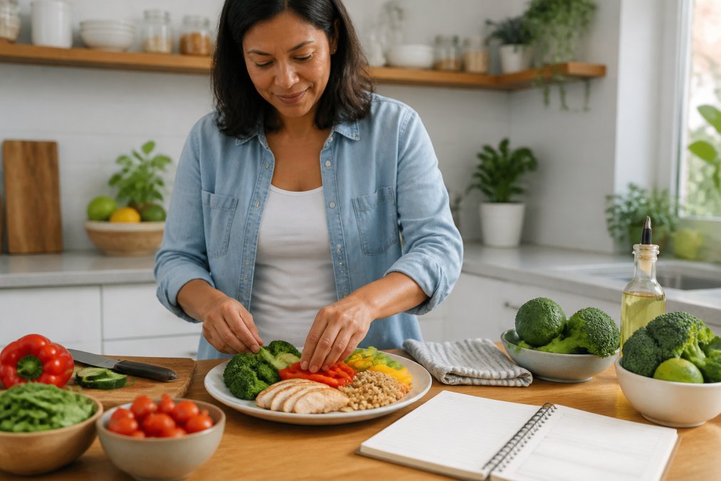 Infographic showing a 7-day meal plan with vegetables, protein, and grains as the best diet for prediabetes